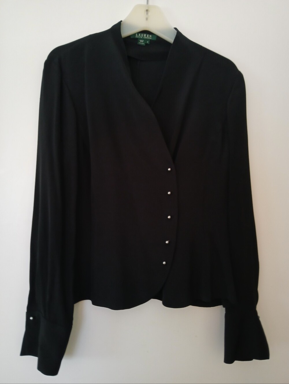 Ralph Lauren Black V-Neck Blouse with Pearl Buttons